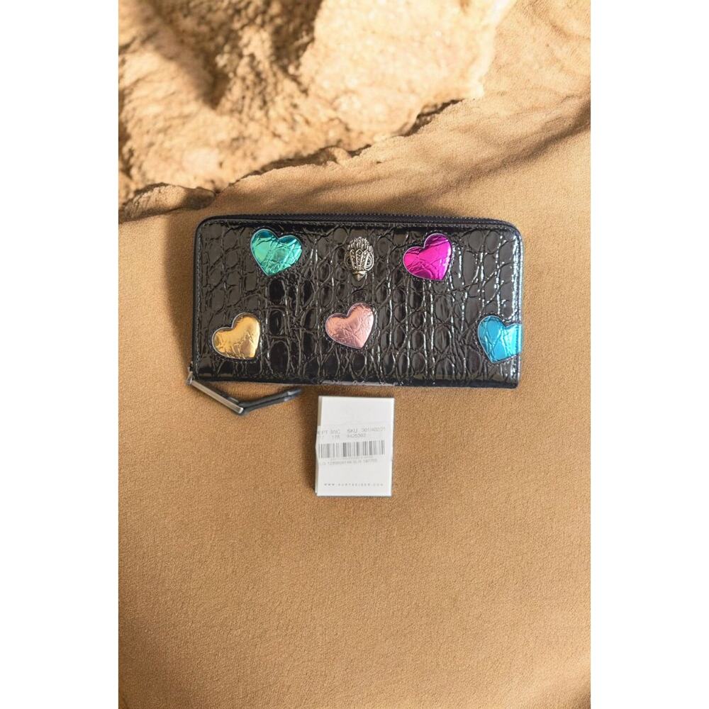 NWT Kurt Geiger Multi Metallic Heart Love Croc Zip Around Wallet Black